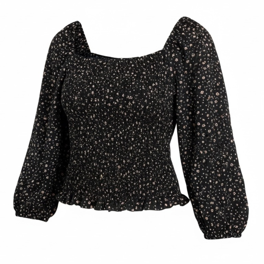 Kirious Black Floral Smocked Square Neck Puff Sleeve Blouse, Size Large
